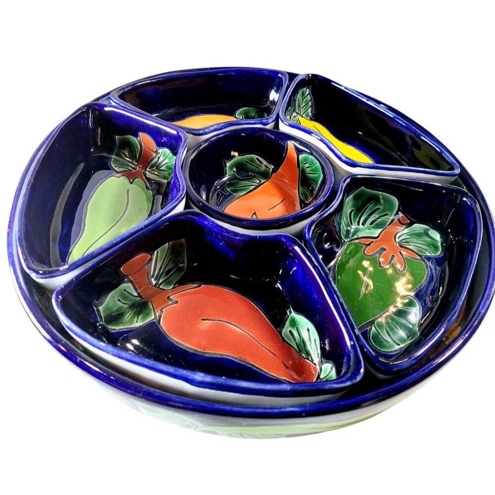 Artisan Handcrafted Talavera Chip and Dip Platter Cobalt Blue Mexican Folk Art